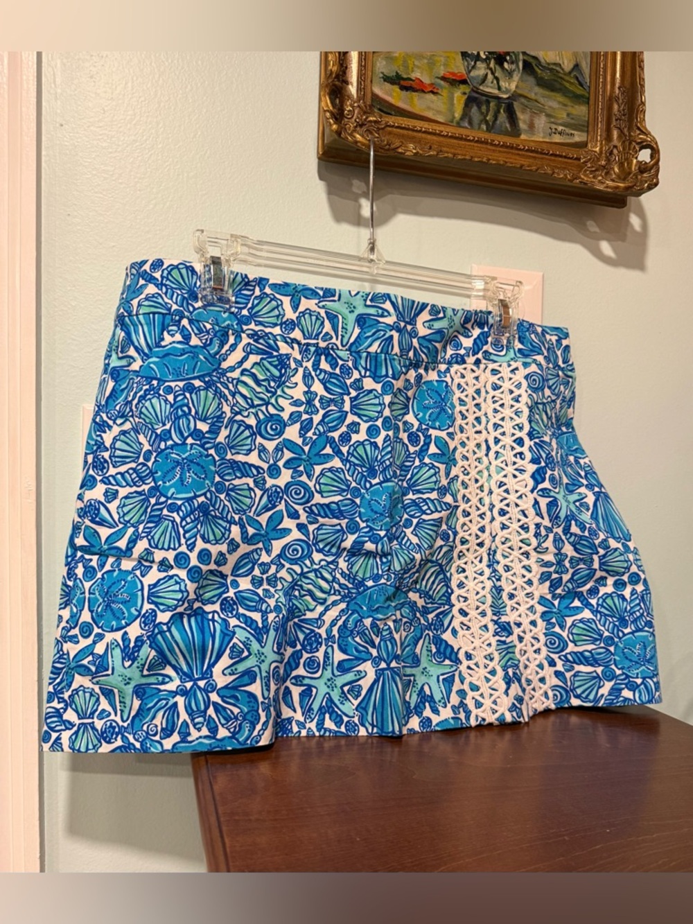 Lilly Pulitzer Jarvey Size 12 Blue Seashell Print Mini Skort White Crochet Panel